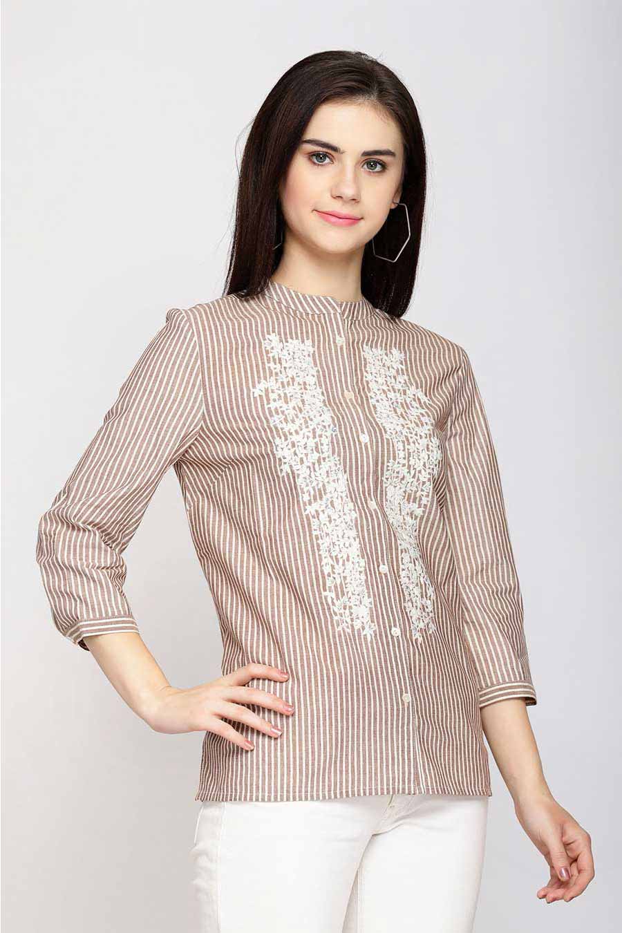 Brown Stripe Embroidered Shirt Top