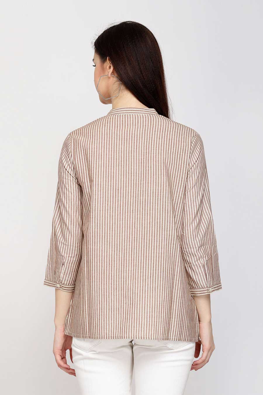 Brown Stripe Embroidered Shirt Top
