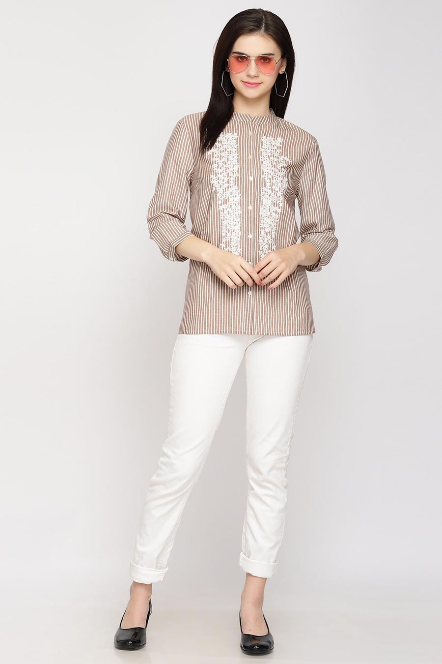 Brown Stripe Embroidered Shirt Top