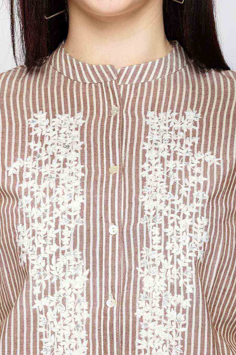 Brown Stripe Embroidered Shirt Top
