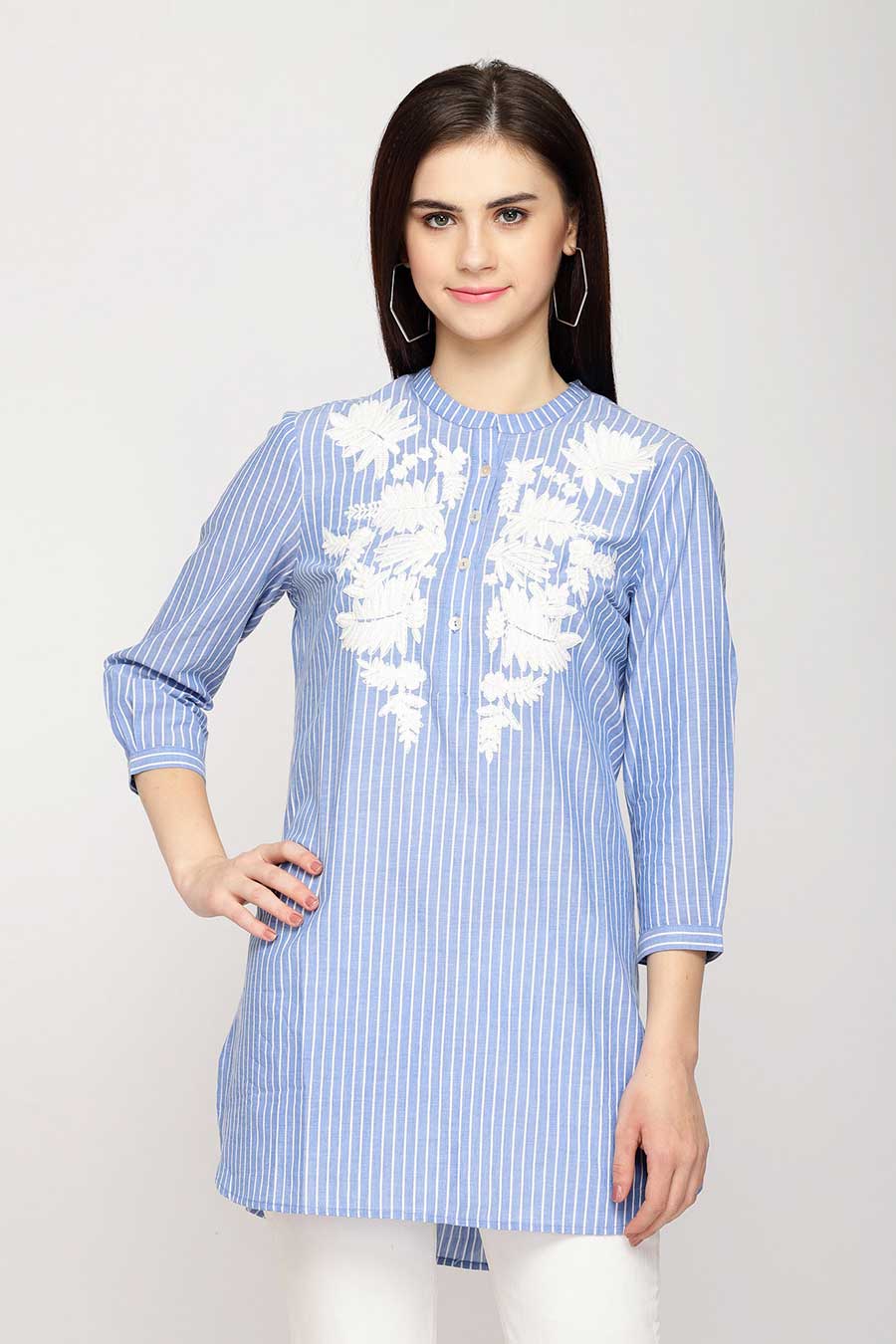 Blue Striped Embroidered Tunic Top