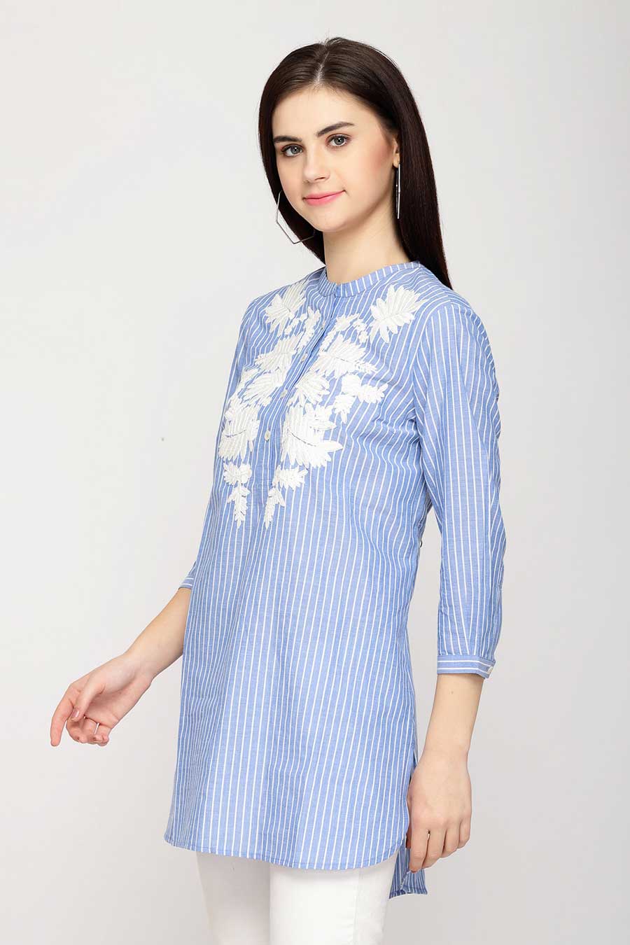 Blue Striped Embroidered Tunic Top