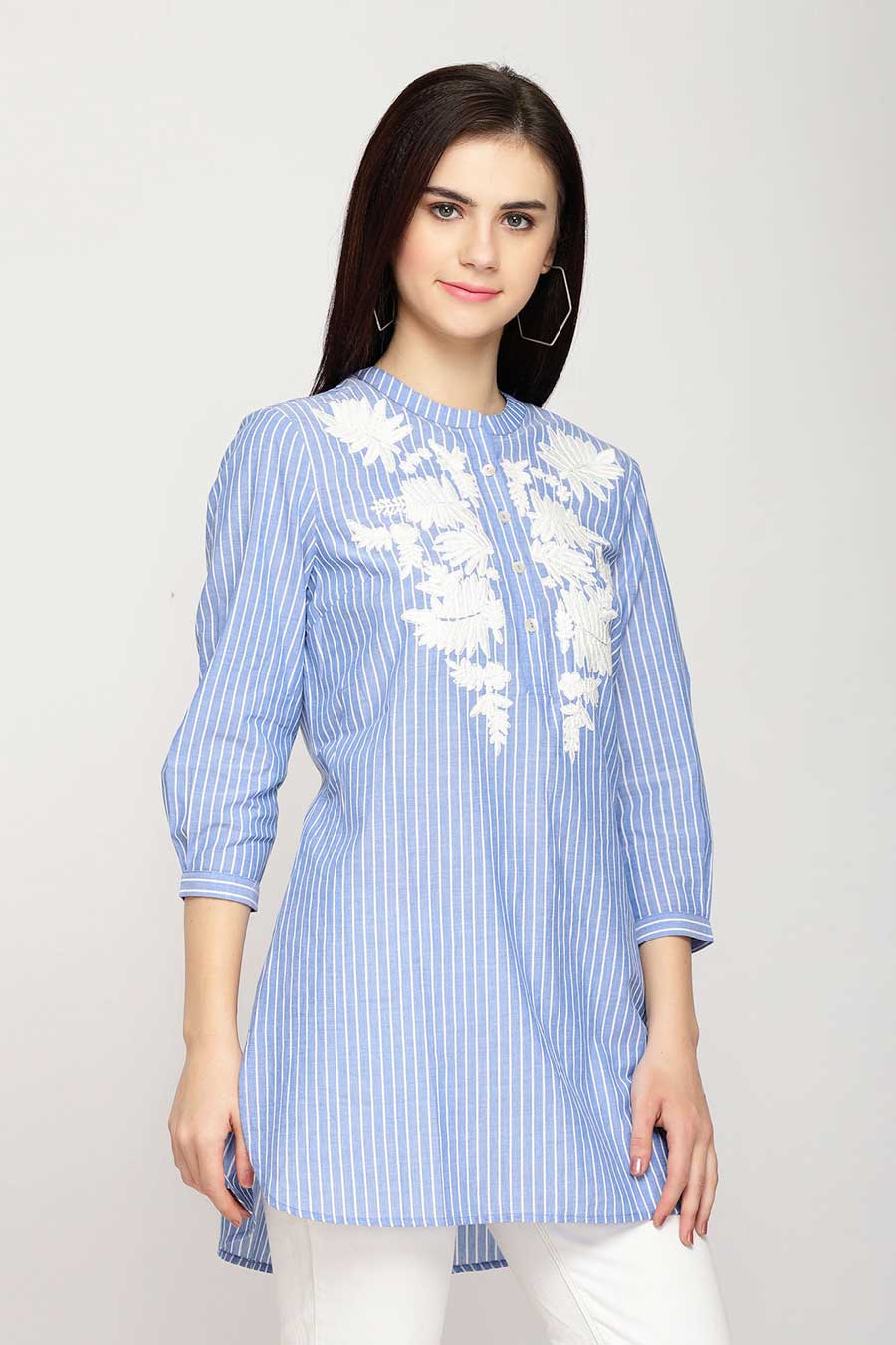 Blue Striped Embroidered Tunic Top