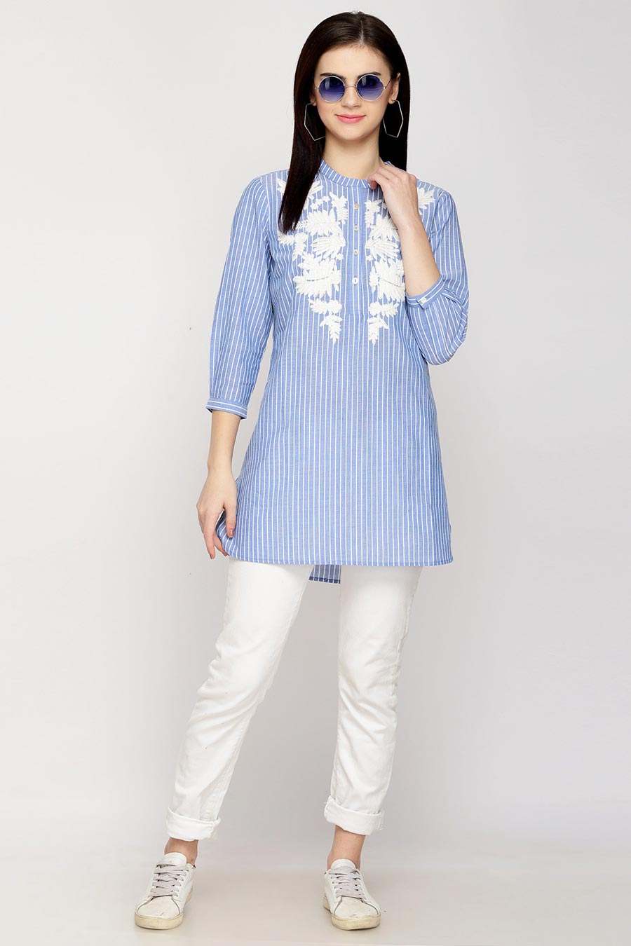 Blue Striped Embroidered Tunic Top