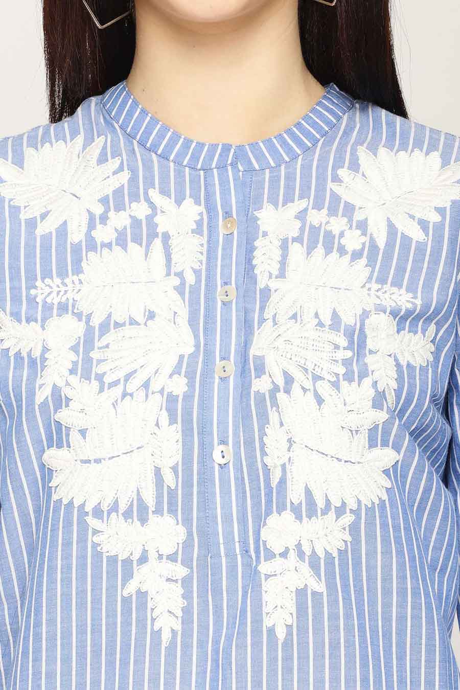 Blue Striped Embroidered Tunic Top