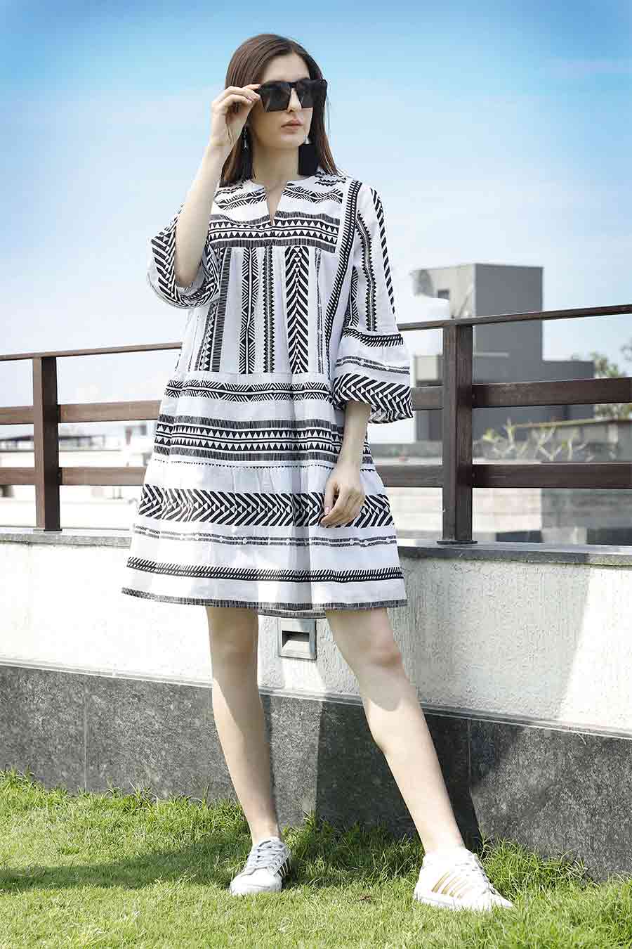 Black Printed Cotton Tiered Dress