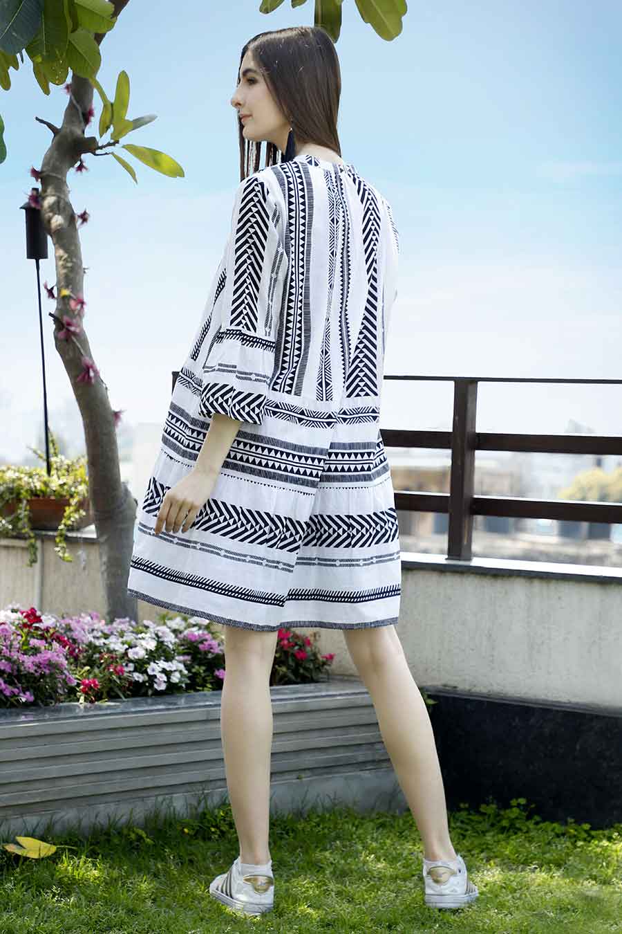 Black Printed Cotton Tiered Dress