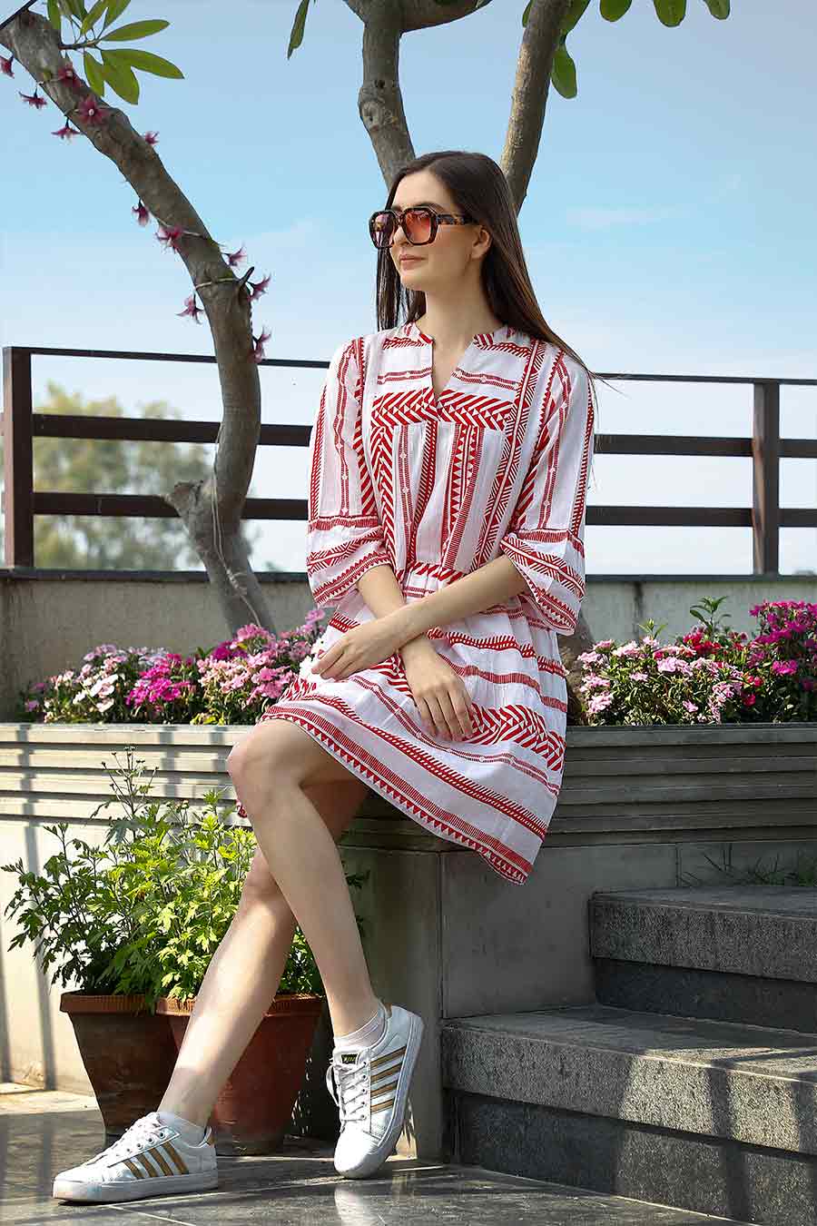 Red Printed Cotton Tiered Dress