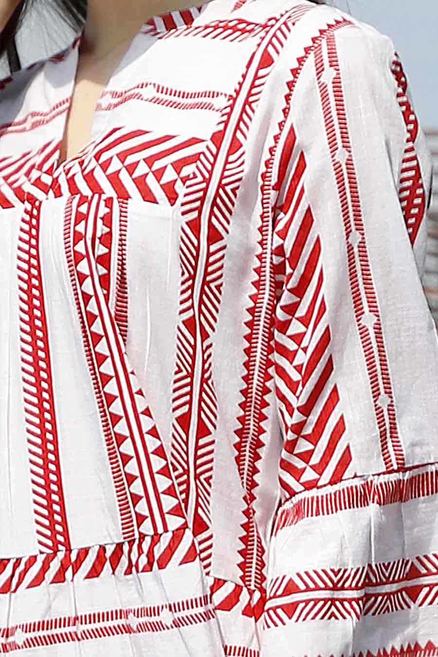 Red Printed Cotton Tiered Dress