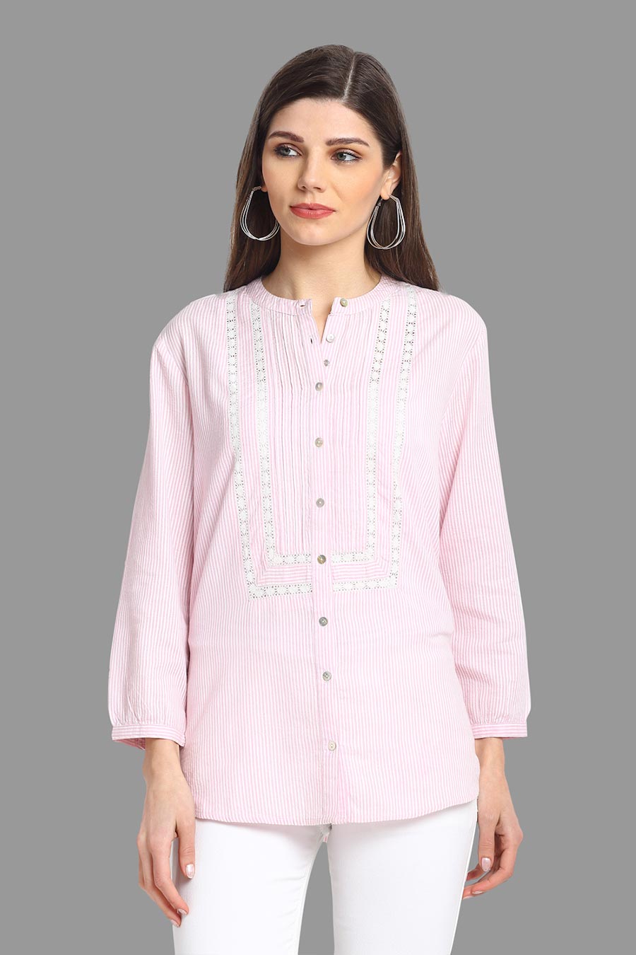 Lace & Pintuck Pink Stripe Shirt Top