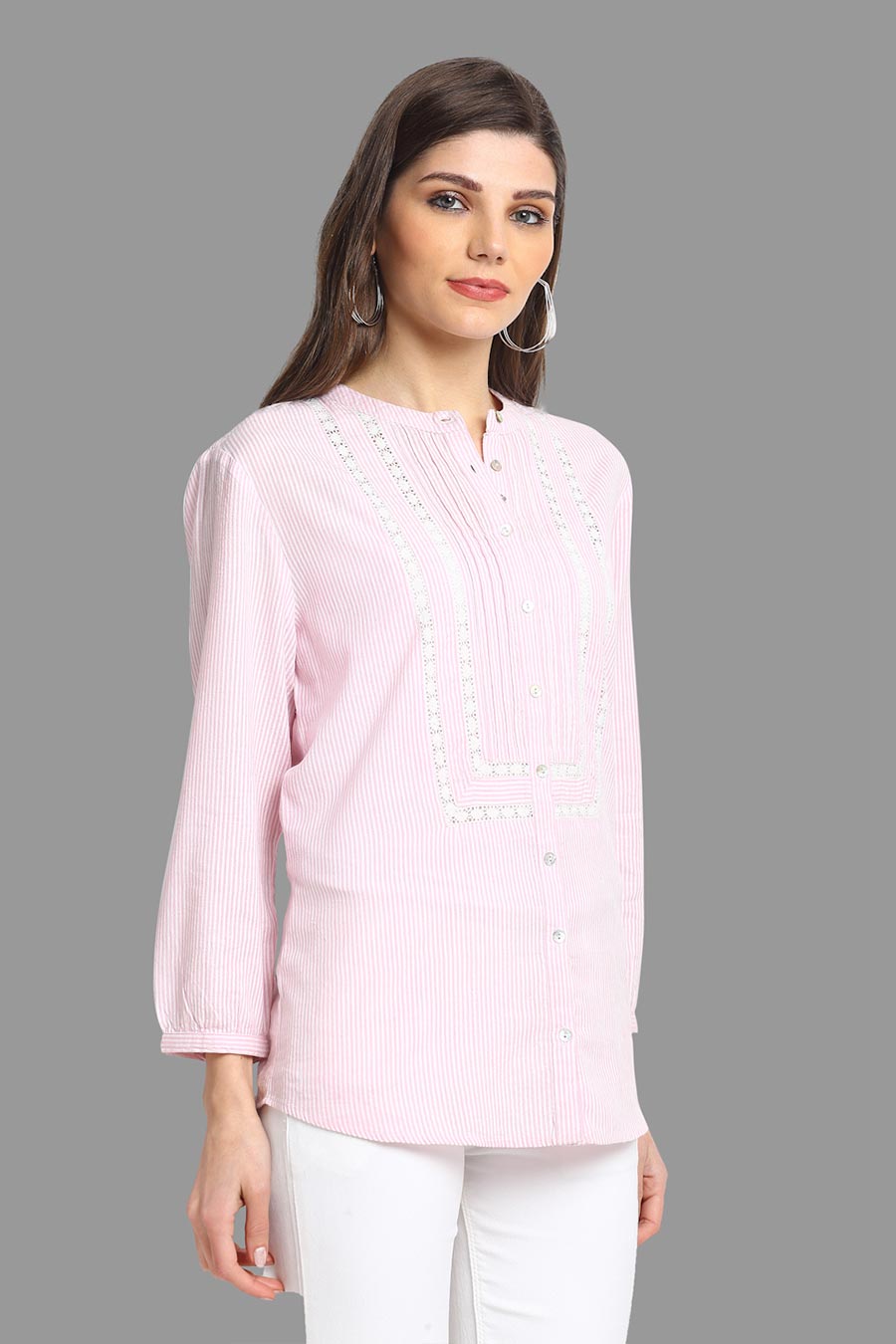 Lace & Pintuck Pink Stripe Shirt Top