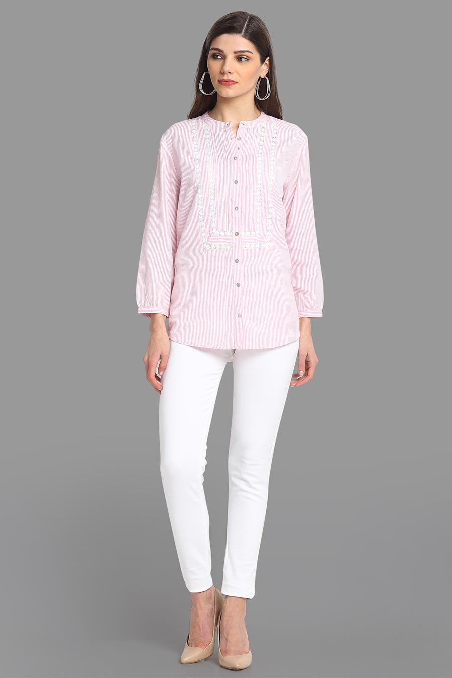 Lace & Pintuck Pink Stripe Shirt Top