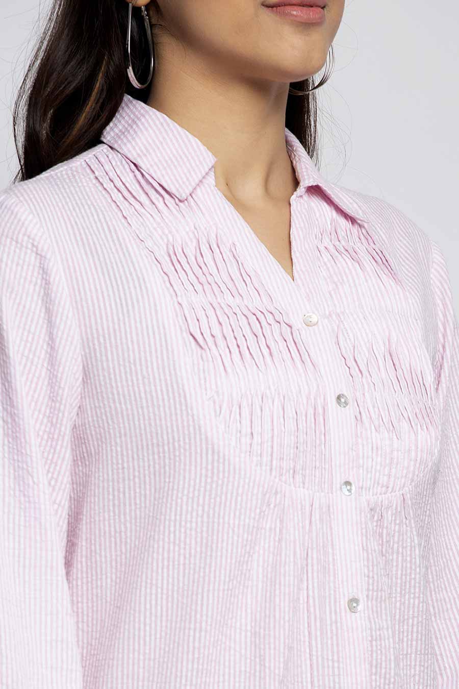 Pink Striped Shirt Tunic With Pintucks