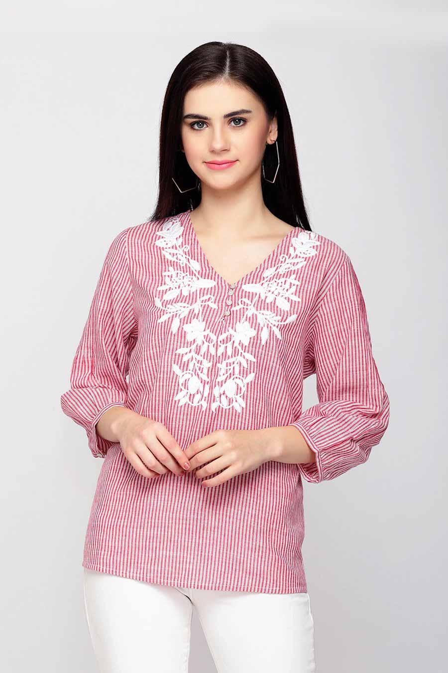 Pink Stripe Embroidered Top