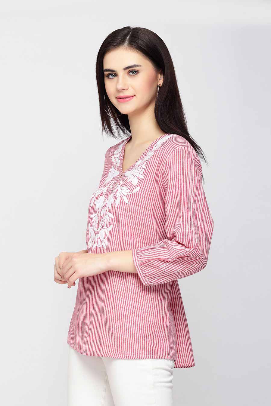 Pink Stripe Embroidered Top