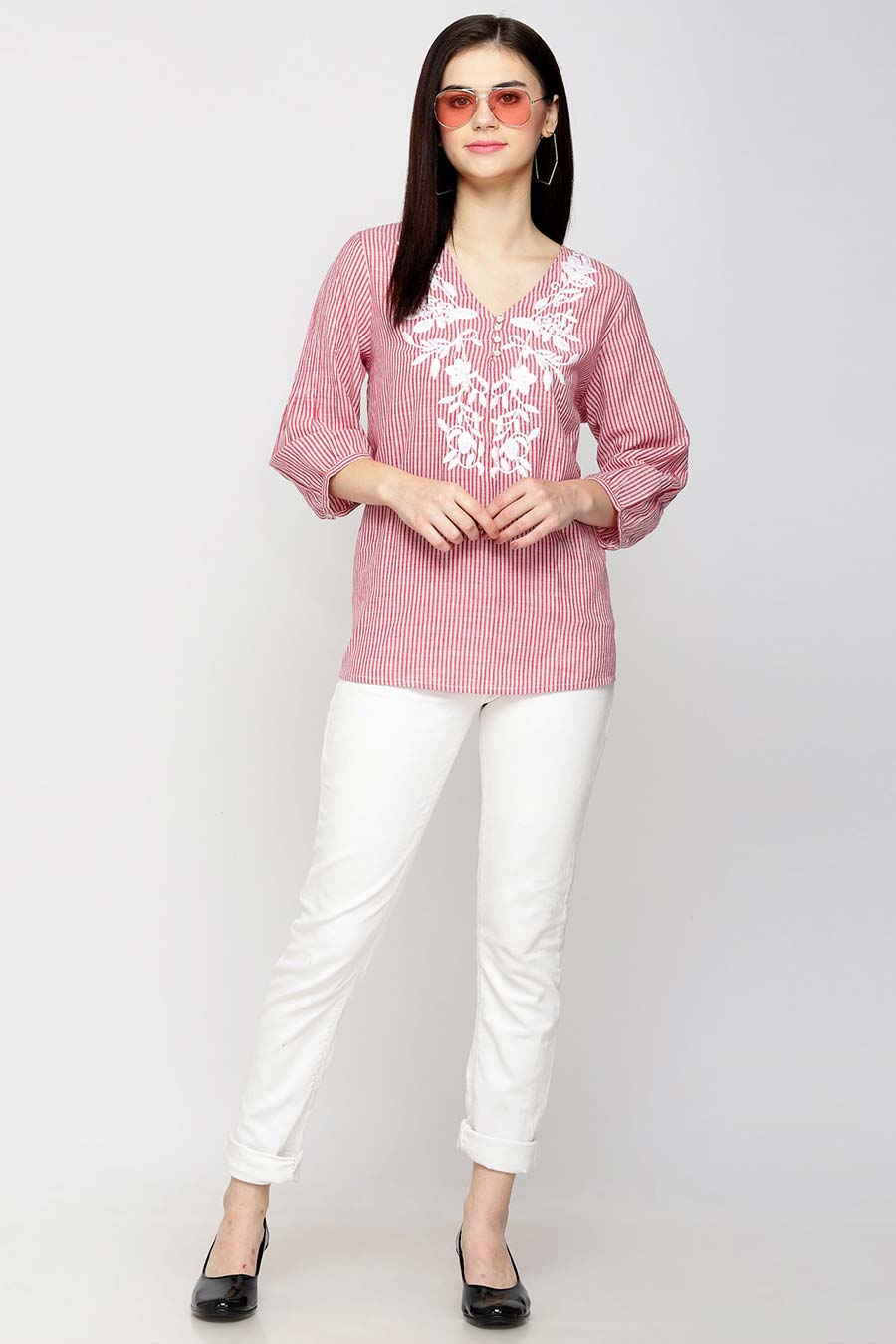 Pink Stripe Embroidered Top