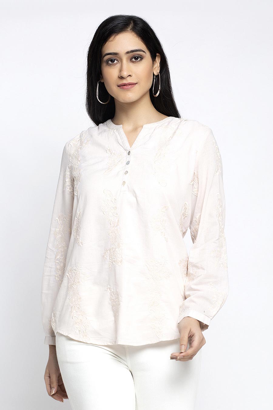 Beige Floral Embroidered Top