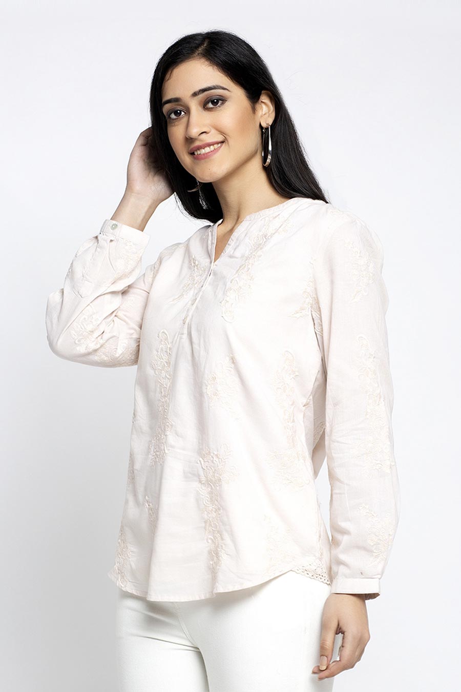 Beige Floral Embroidered Top