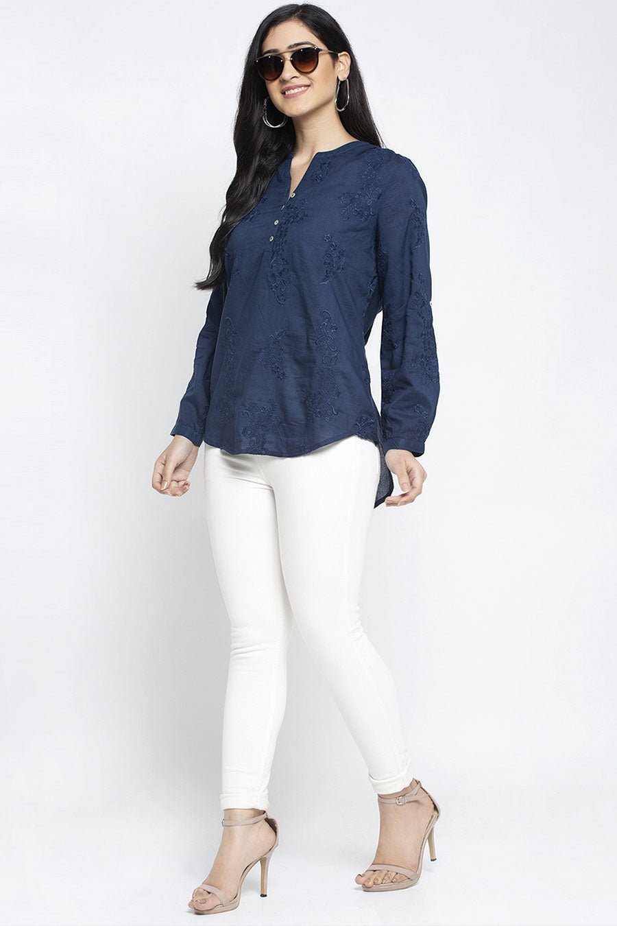 Navy Blue Floral Embroidered Top