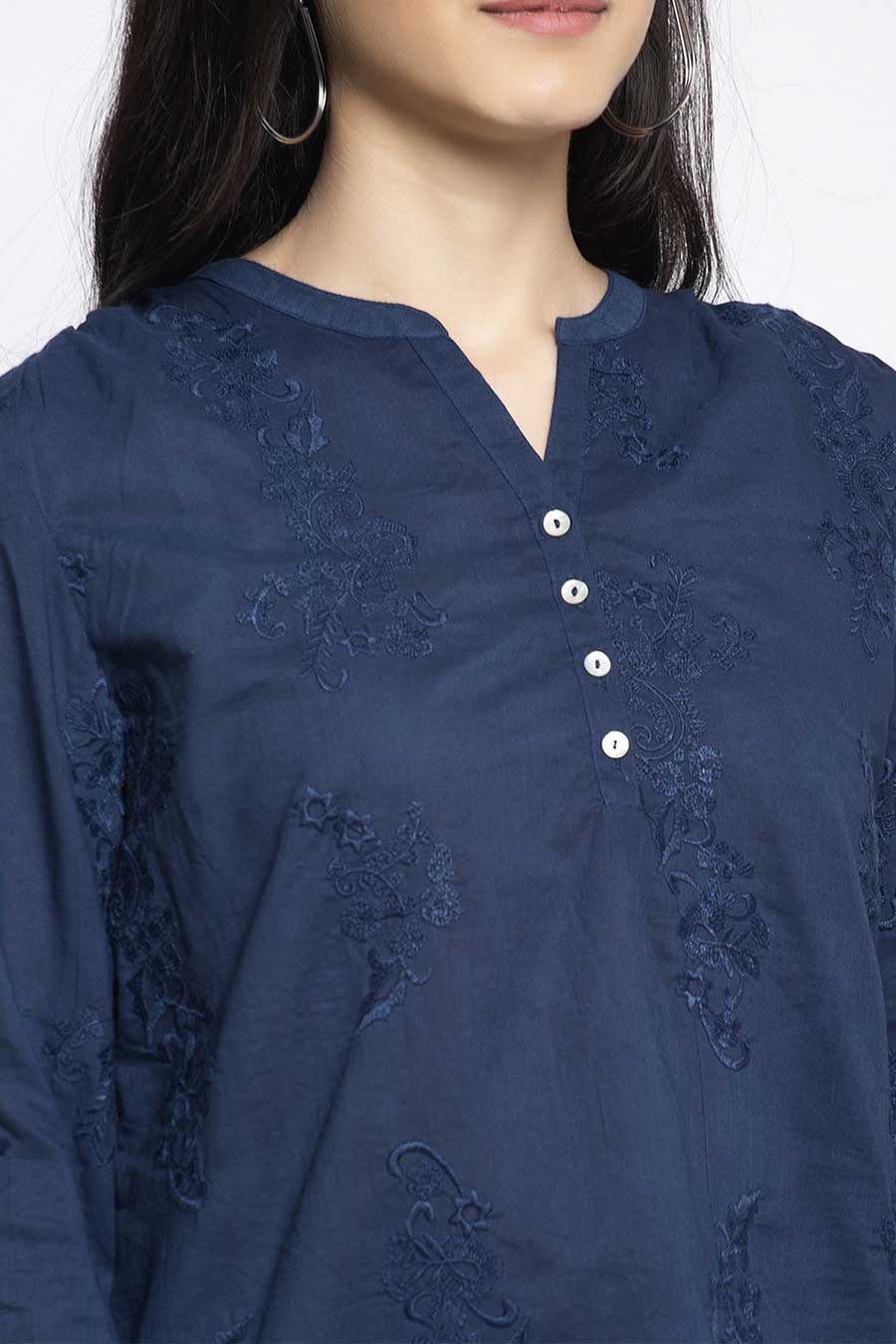 Navy Blue Floral Embroidered Top