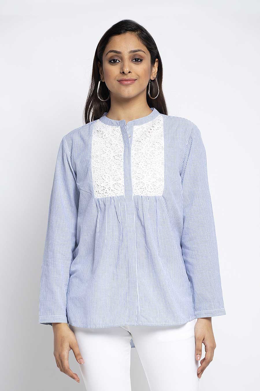 Blue Striped Lace Yoke Top