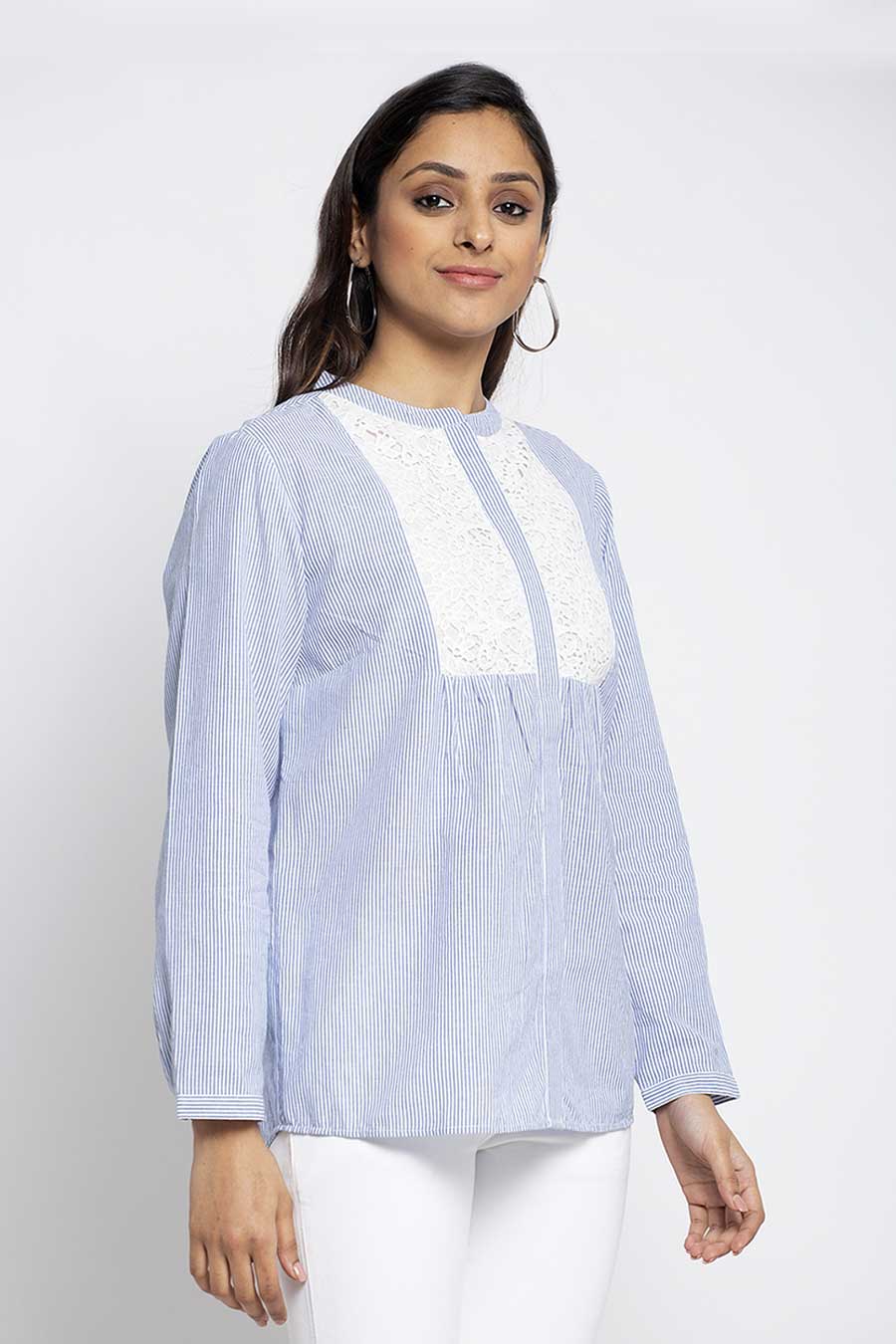 Blue Striped Lace Yoke Top