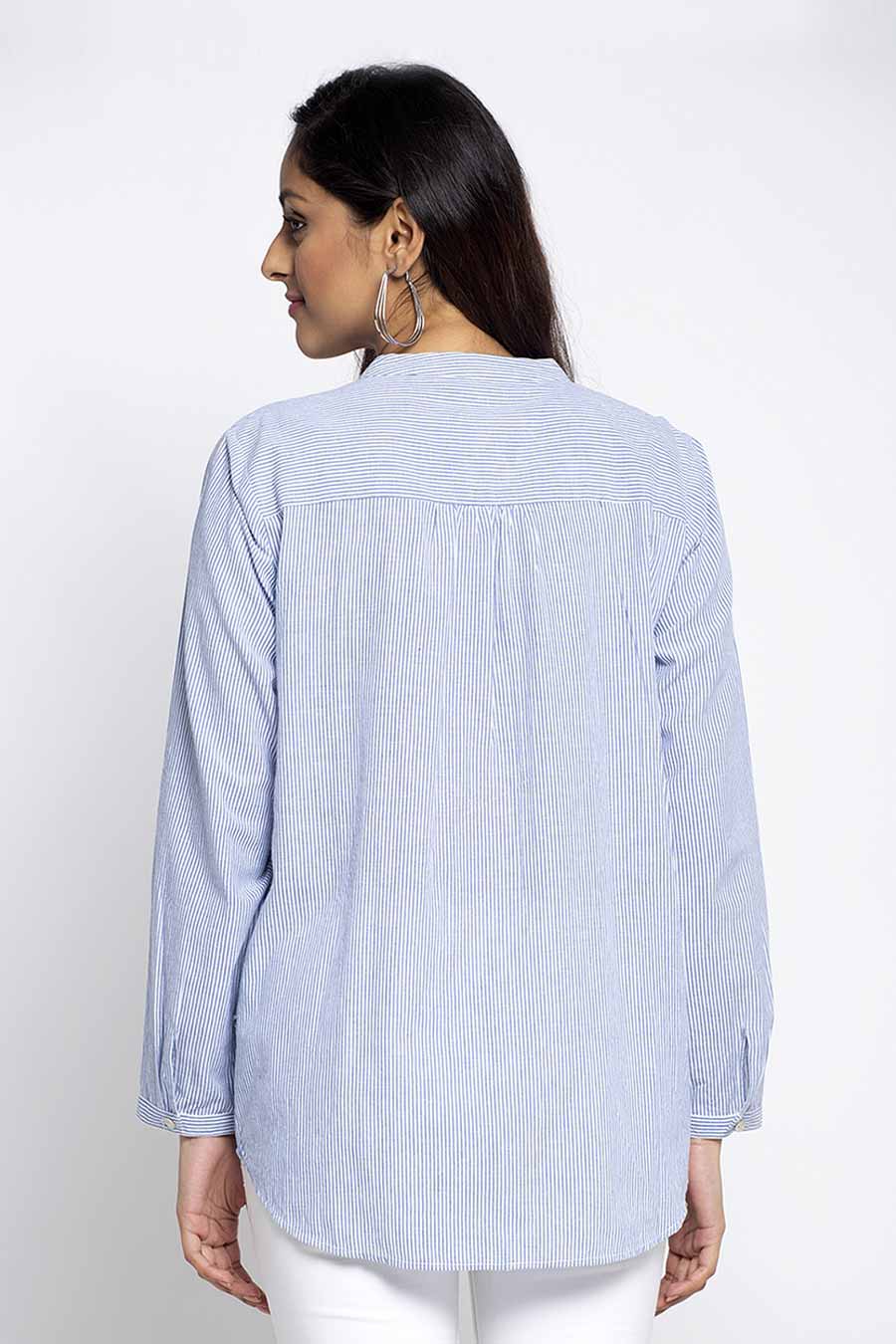 Blue Striped Lace Yoke Top