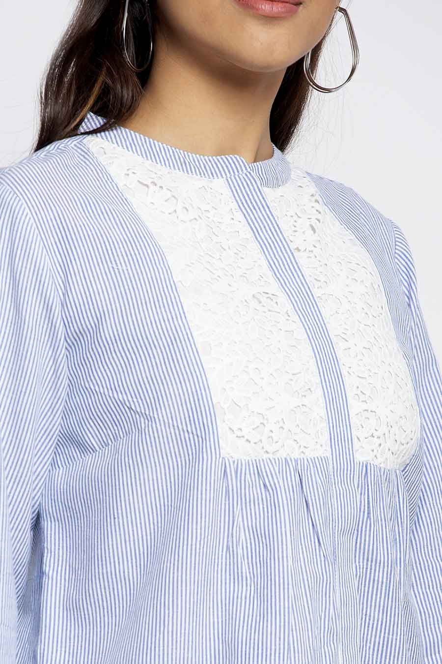 Blue Striped Lace Yoke Top