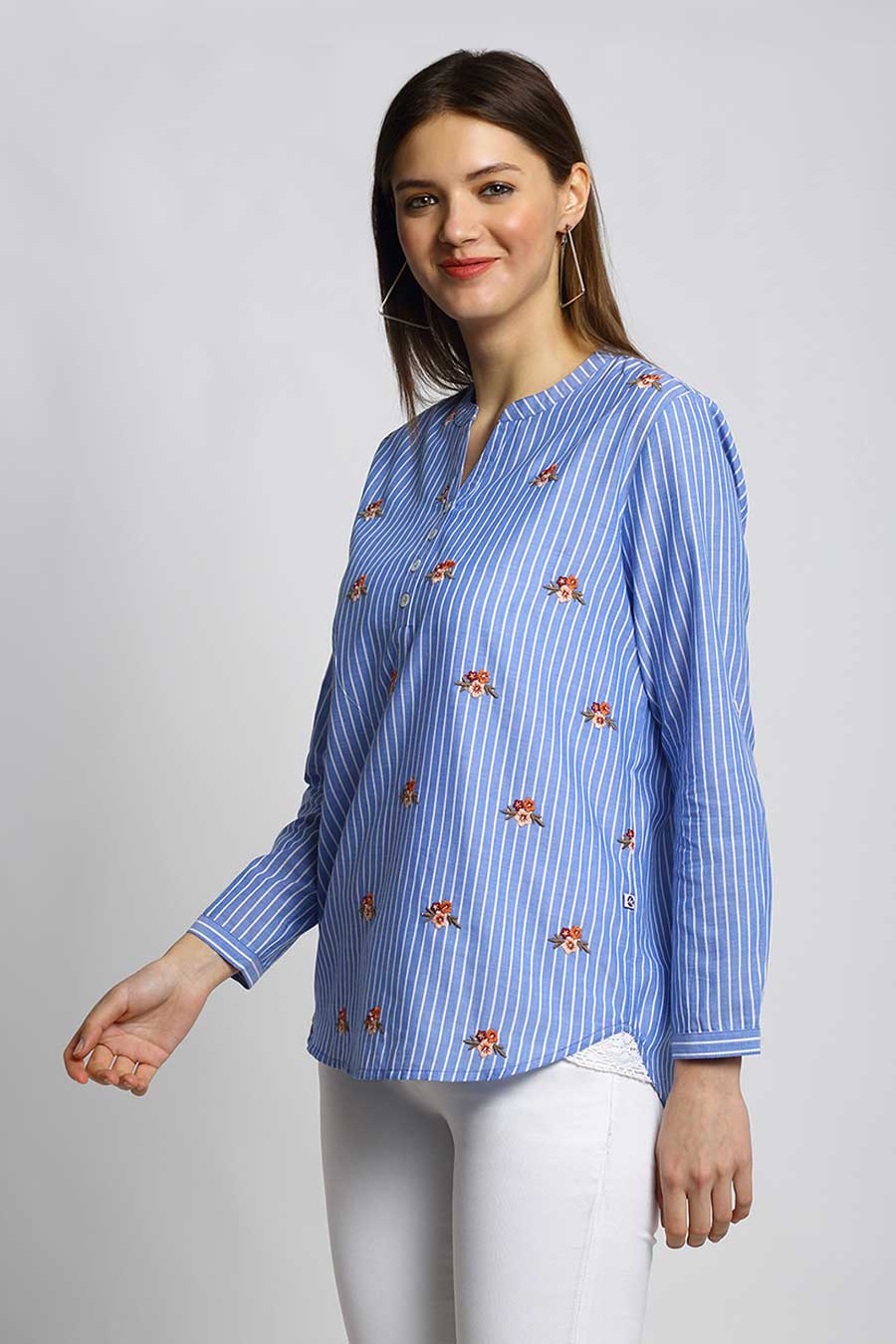 Floral Embroidered Blue Stripes Top