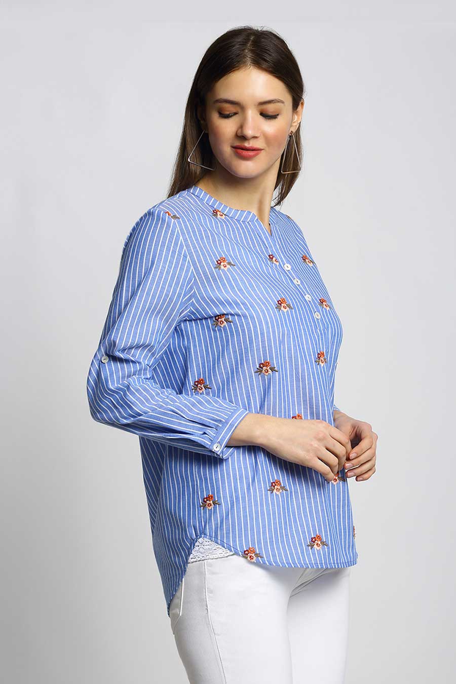 Floral Embroidered Blue Stripes Top