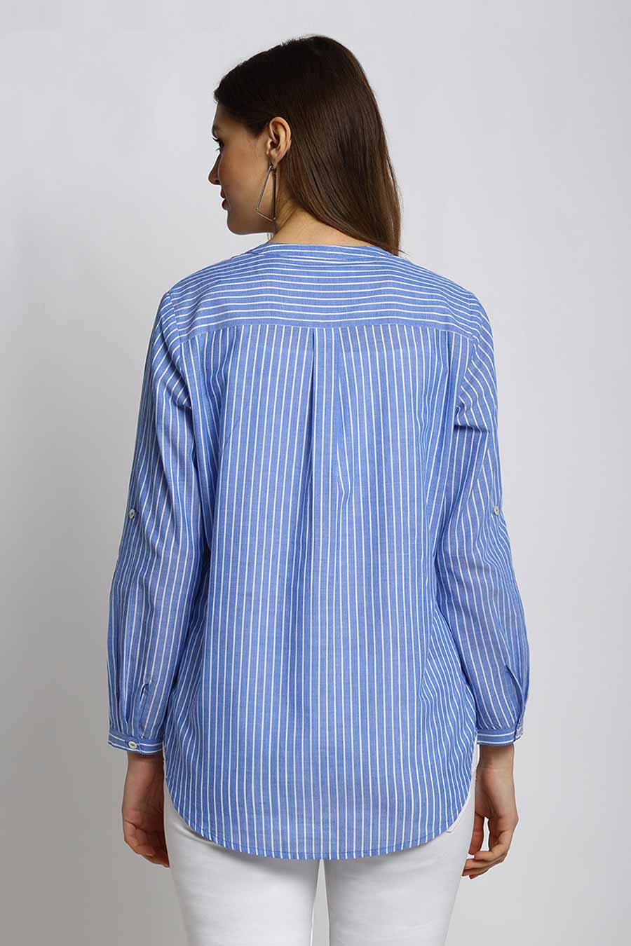 Floral Embroidered Blue Stripes Top