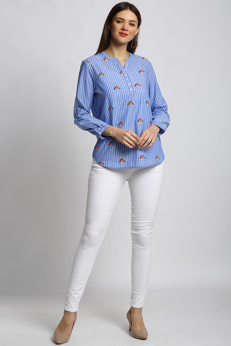 Floral Embroidered Blue Stripes Top