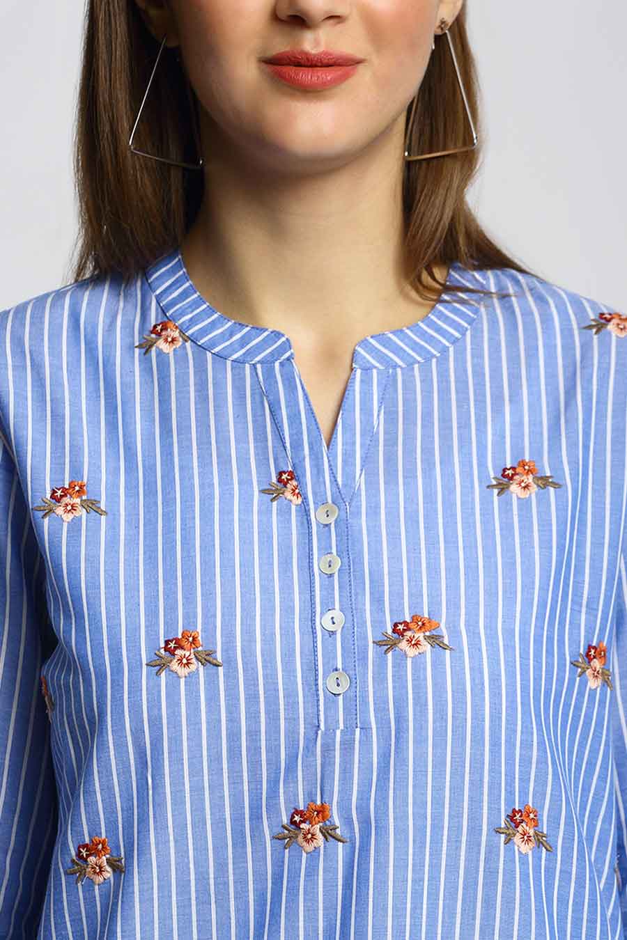Floral Embroidered Blue Stripes Top