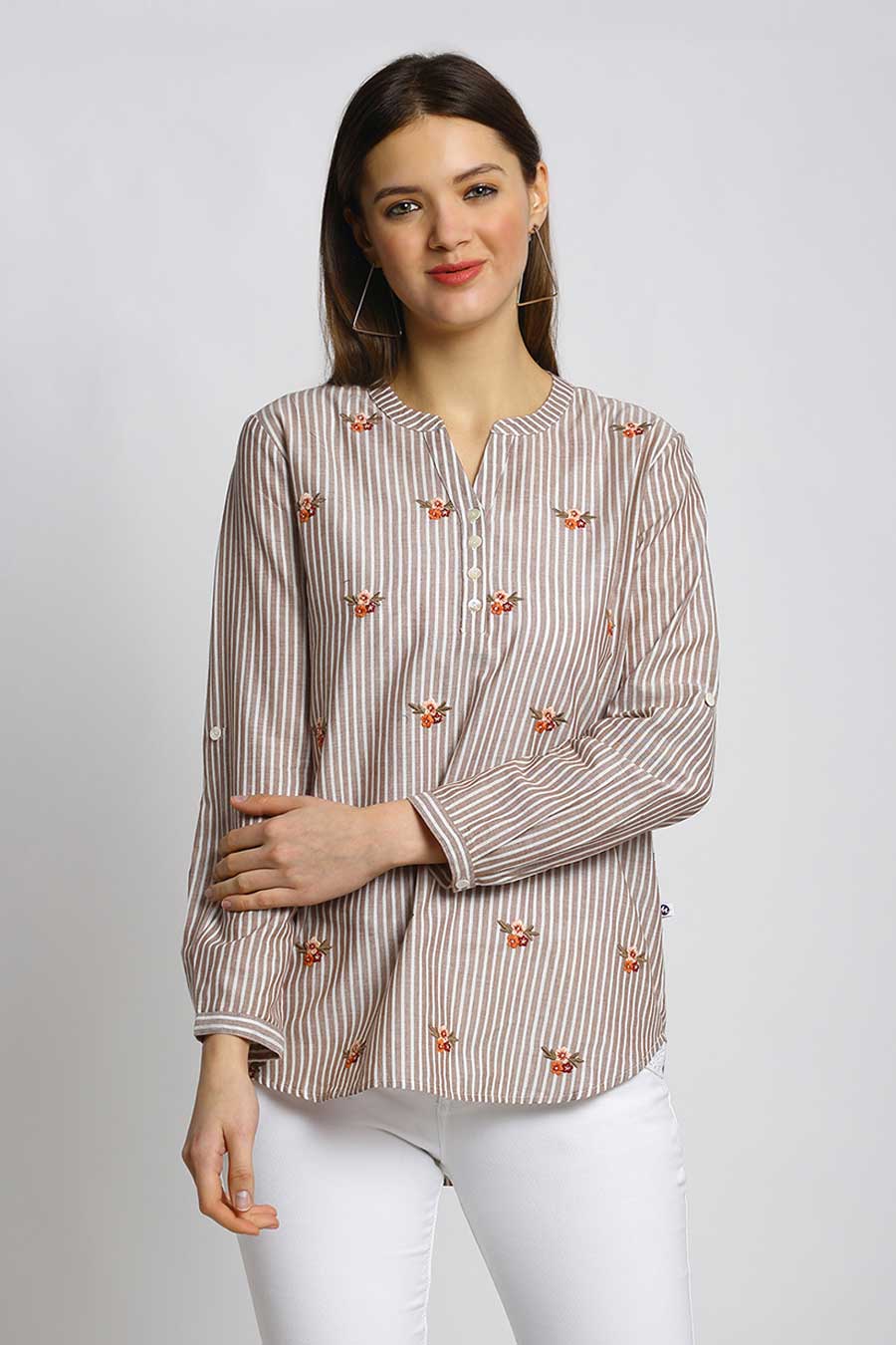 Floral Embroidered Brown Stripes Top