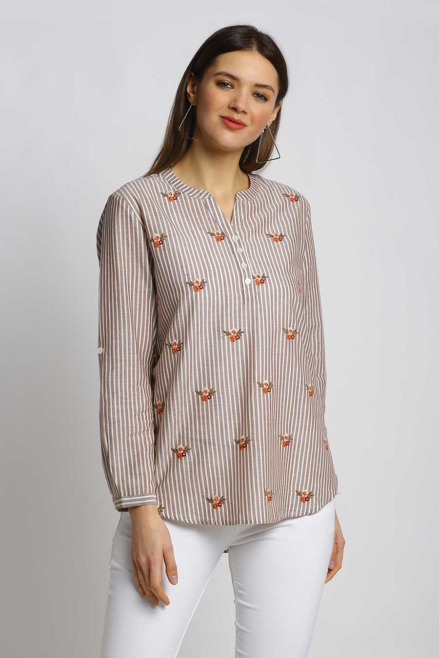 Floral Embroidered Brown Stripes Top
