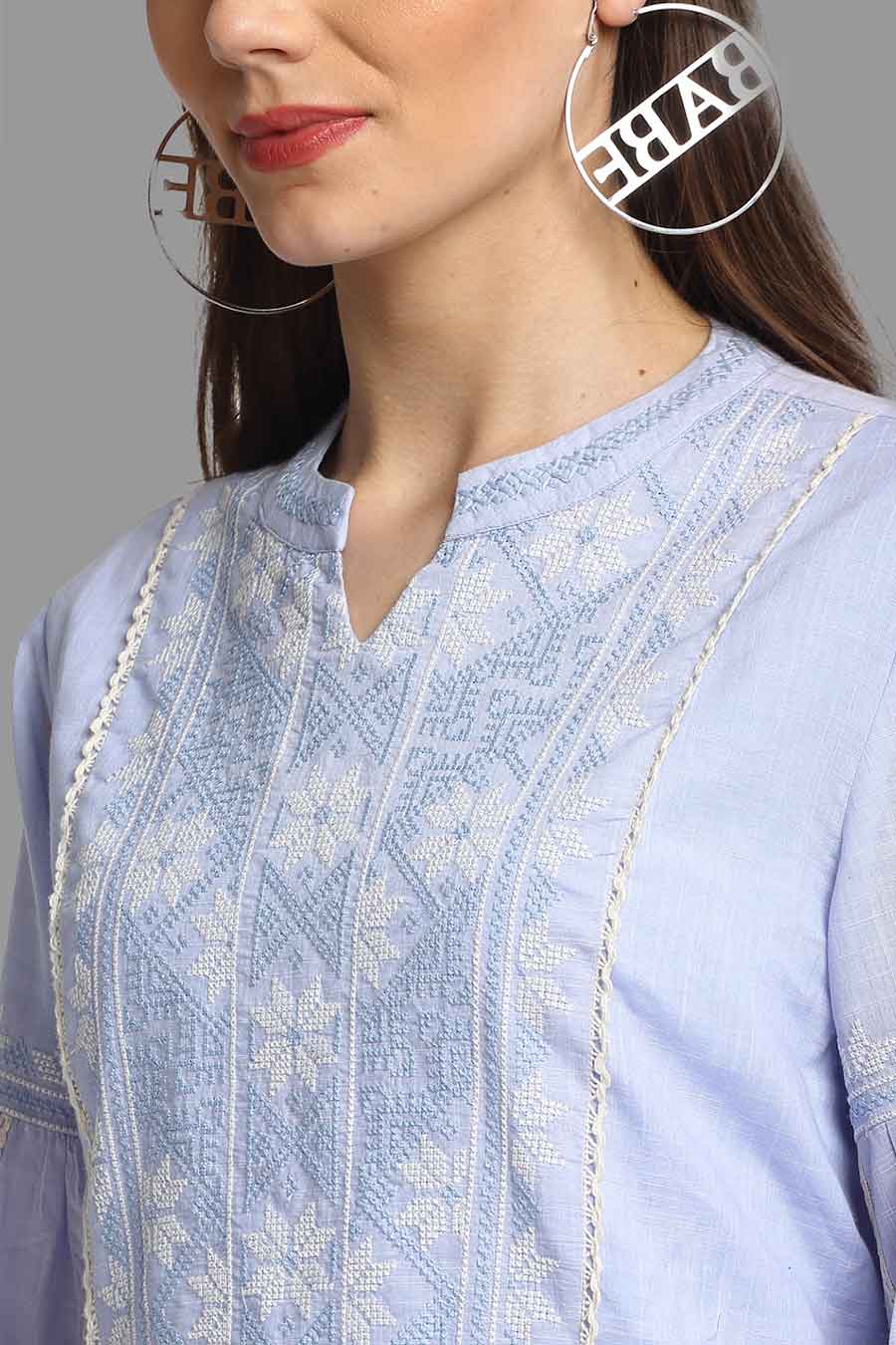 Blue Embroidered Cotton Top