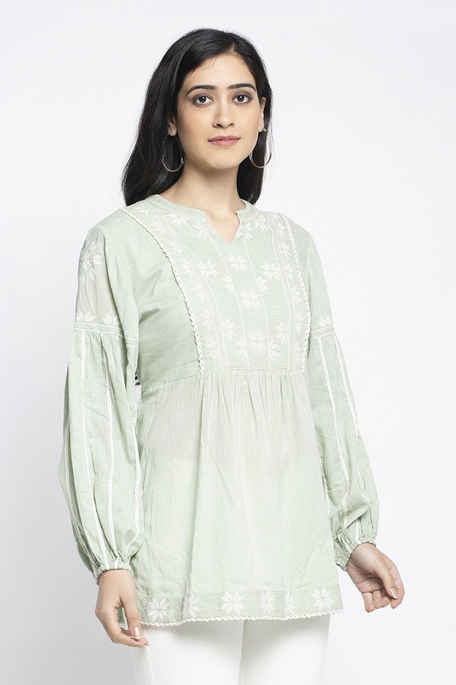 Green Embroidered Cotton Top
