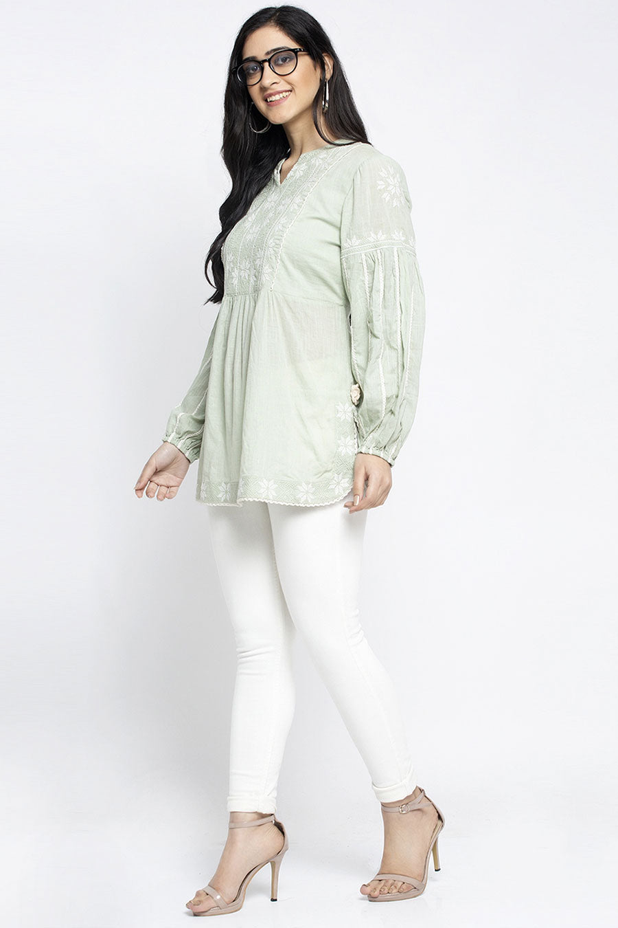 Green Embroidered Cotton Top