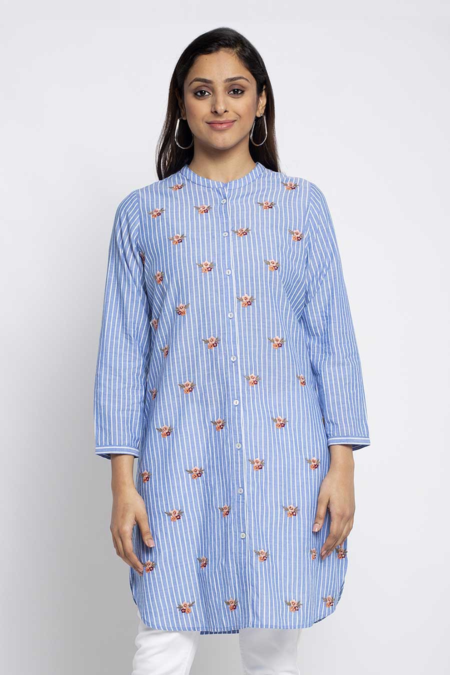 Floral Embroidered Blue Shirt Tunic