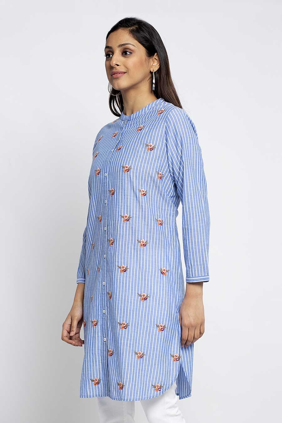 Floral Embroidered Blue Shirt Tunic