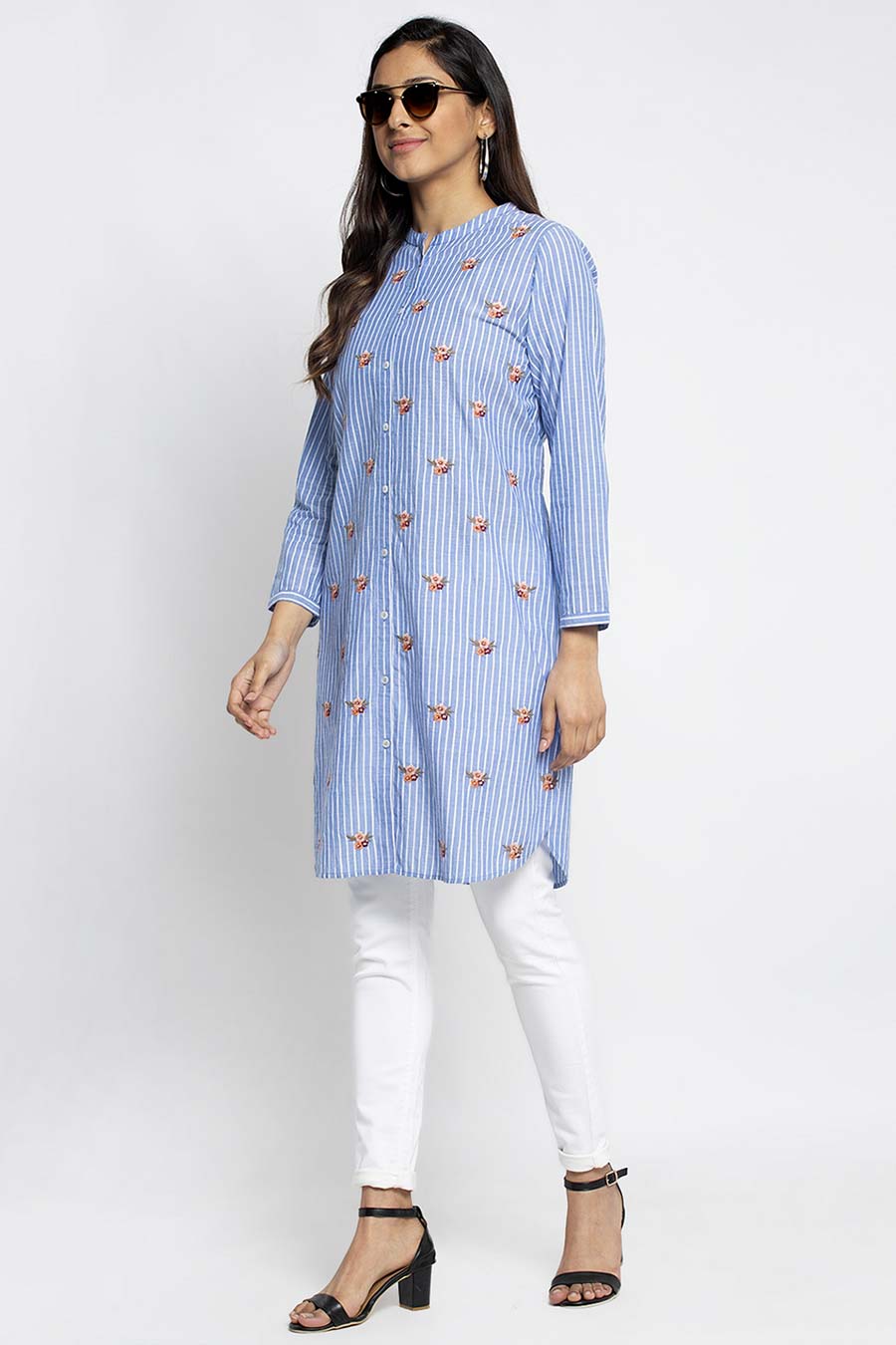 Floral Embroidered Blue Shirt Tunic