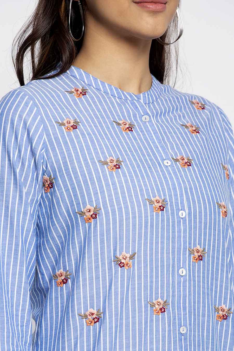 Floral Embroidered Blue Shirt Tunic