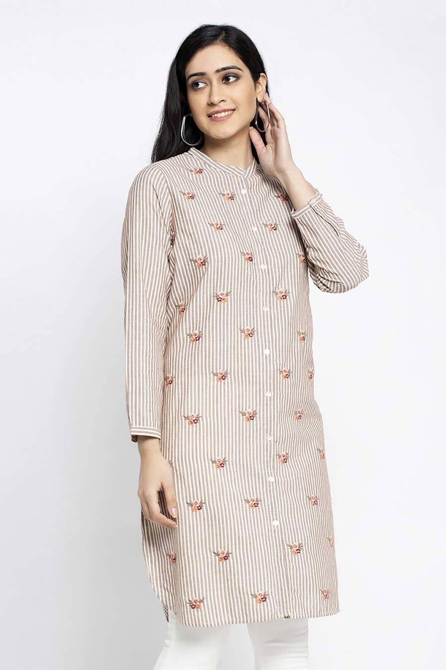 Floral Embroidered Brown Shirt Tunic