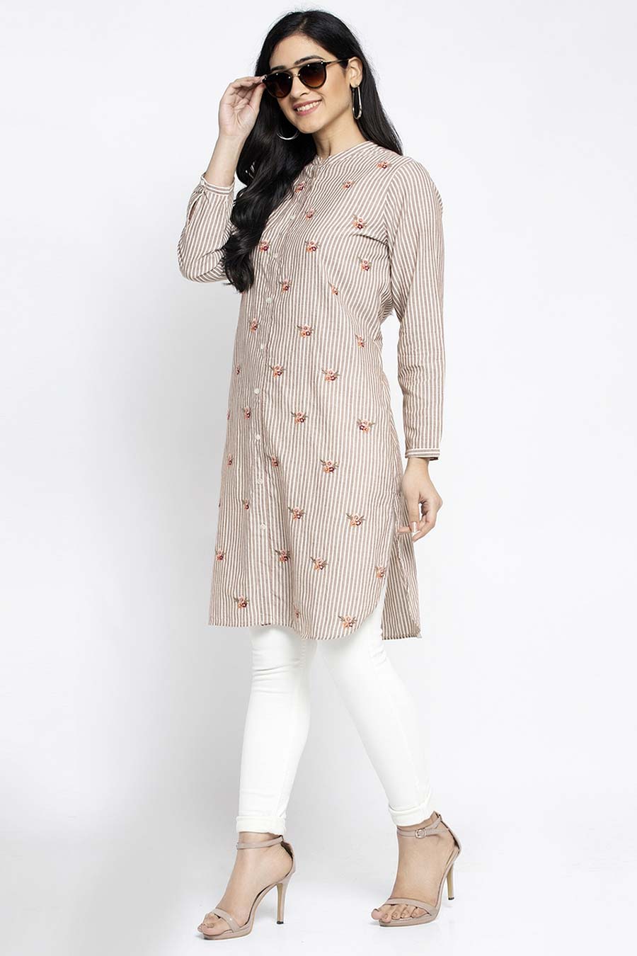 Floral Embroidered Brown Shirt Tunic