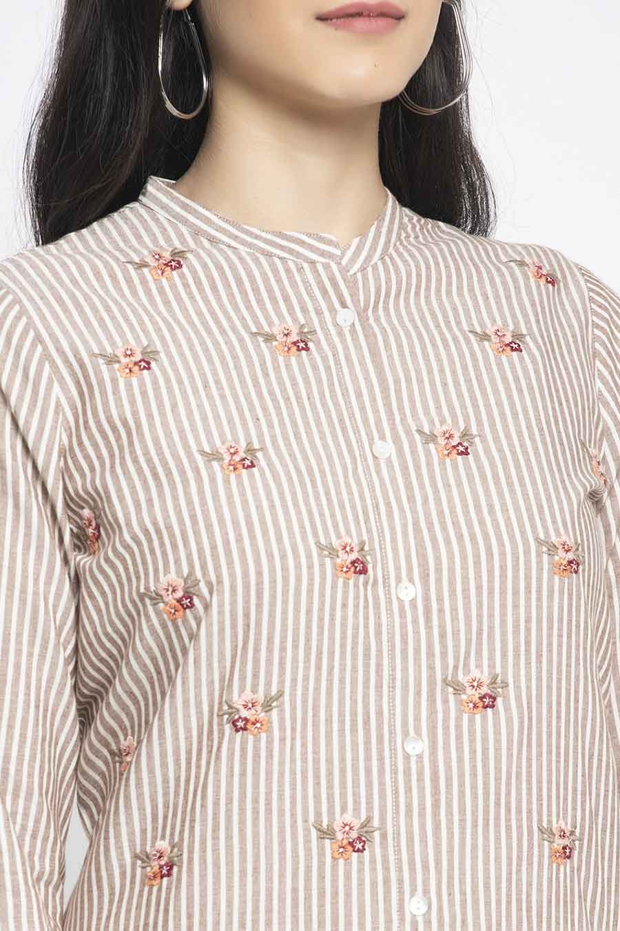 Floral Embroidered Brown Shirt Tunic