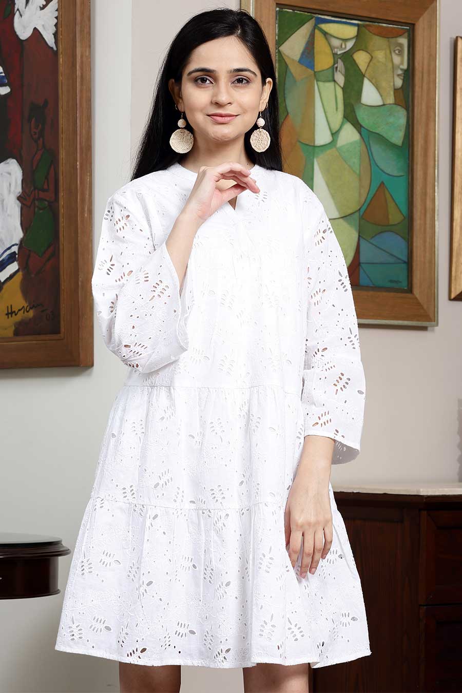 White Cotton Schiffli Tiered Dress