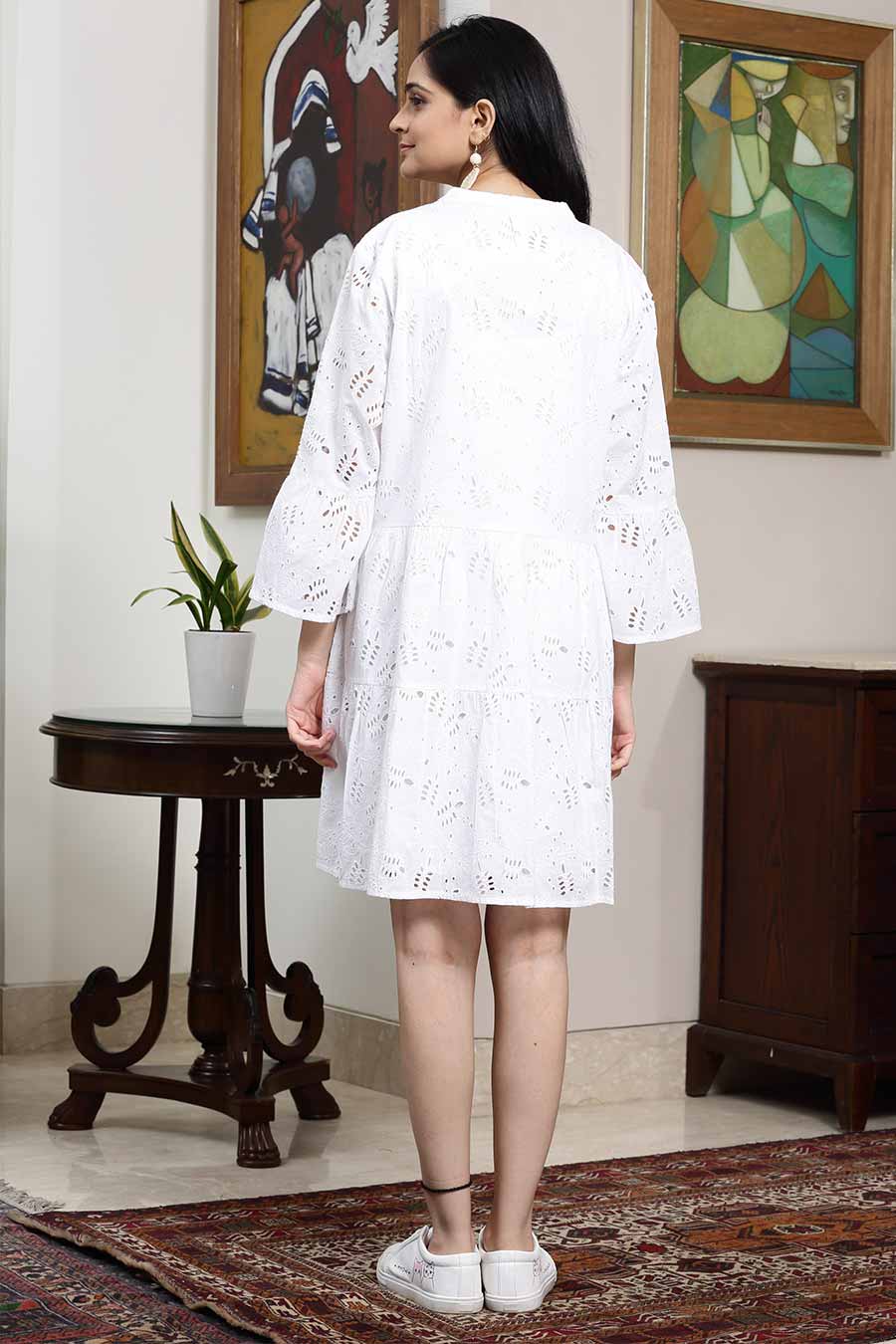 White Cotton Schiffli Tiered Dress