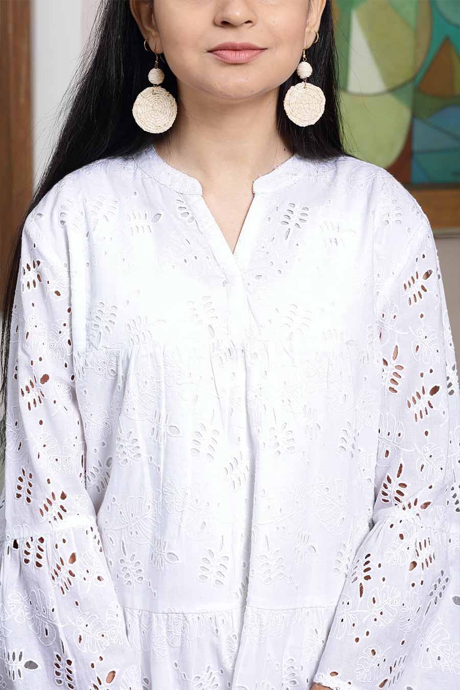 White Cotton Schiffli Tiered Dress