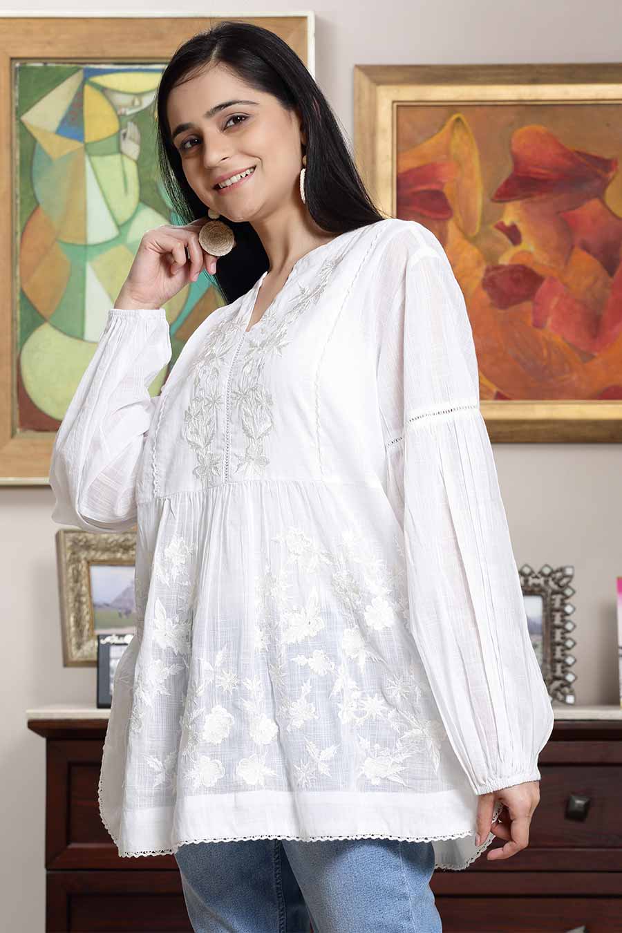 White Cotton Embroidered Top