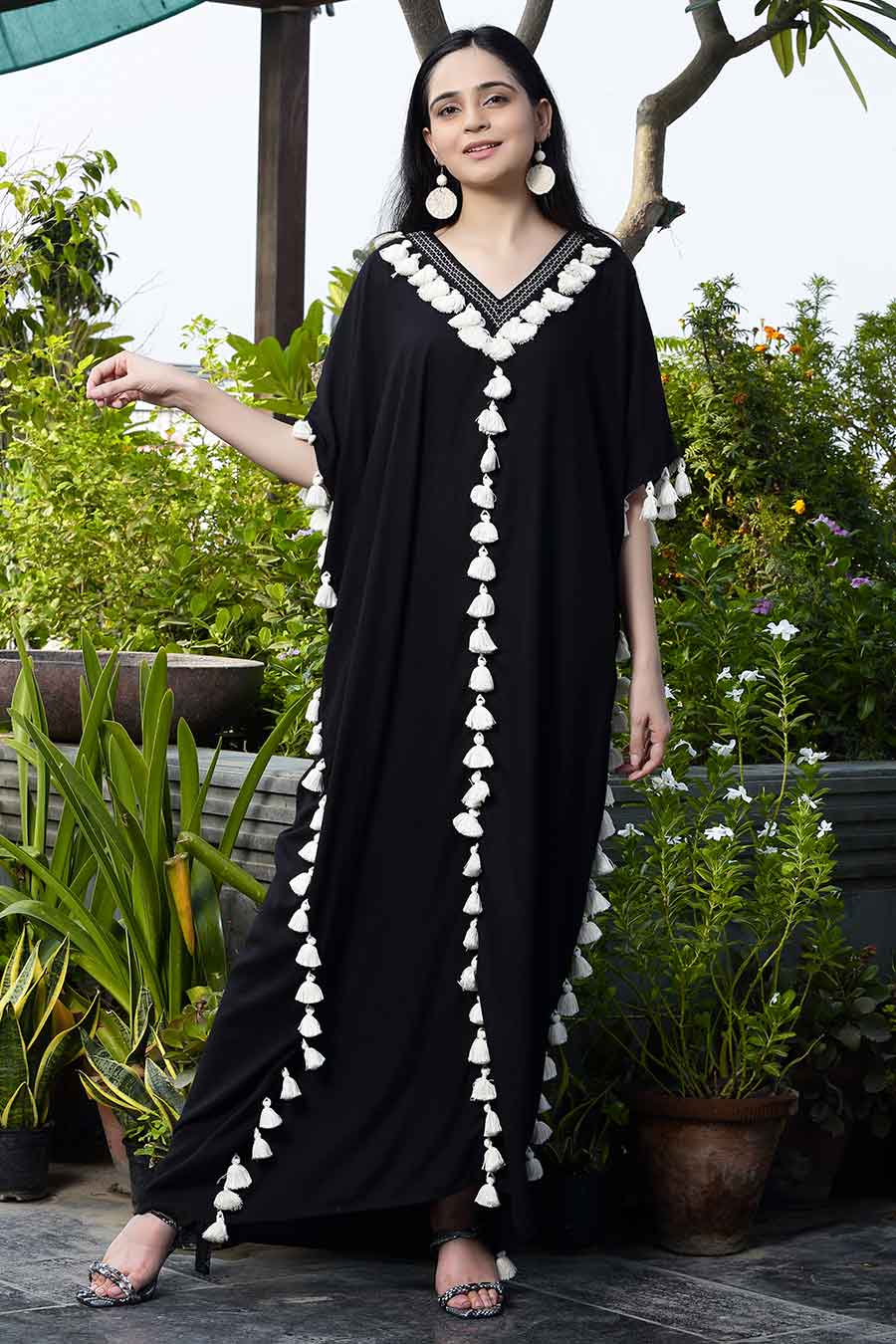 Black Cotton Contrast Tassel Kaftan